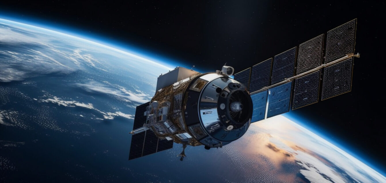 Astronauts flying in spaceship explore galactic planets generated by AI