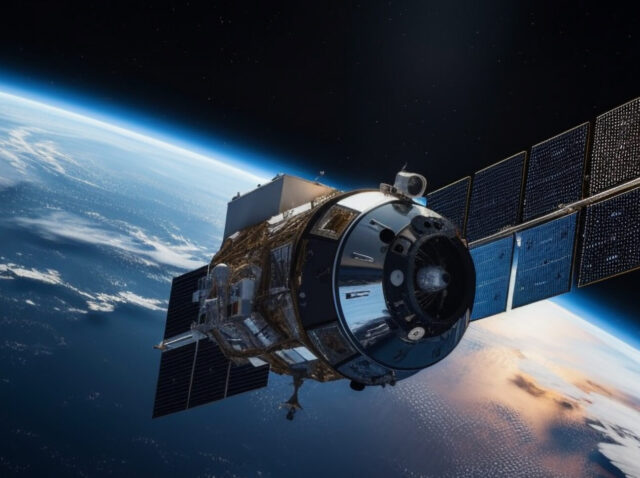 Astronauts flying in spaceship explore galactic planets generated by AI